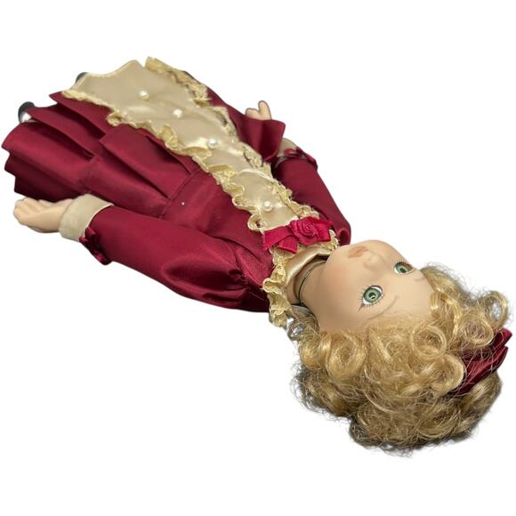 Porcelain Girl Doll in Burgundy Victorian Dress with Blonde Curls - Picture 4 of 11